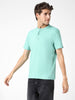 Men's Nile Blue Solid Mandarin Collar Slim Fit Half Sleeve Cotton T-Shirt