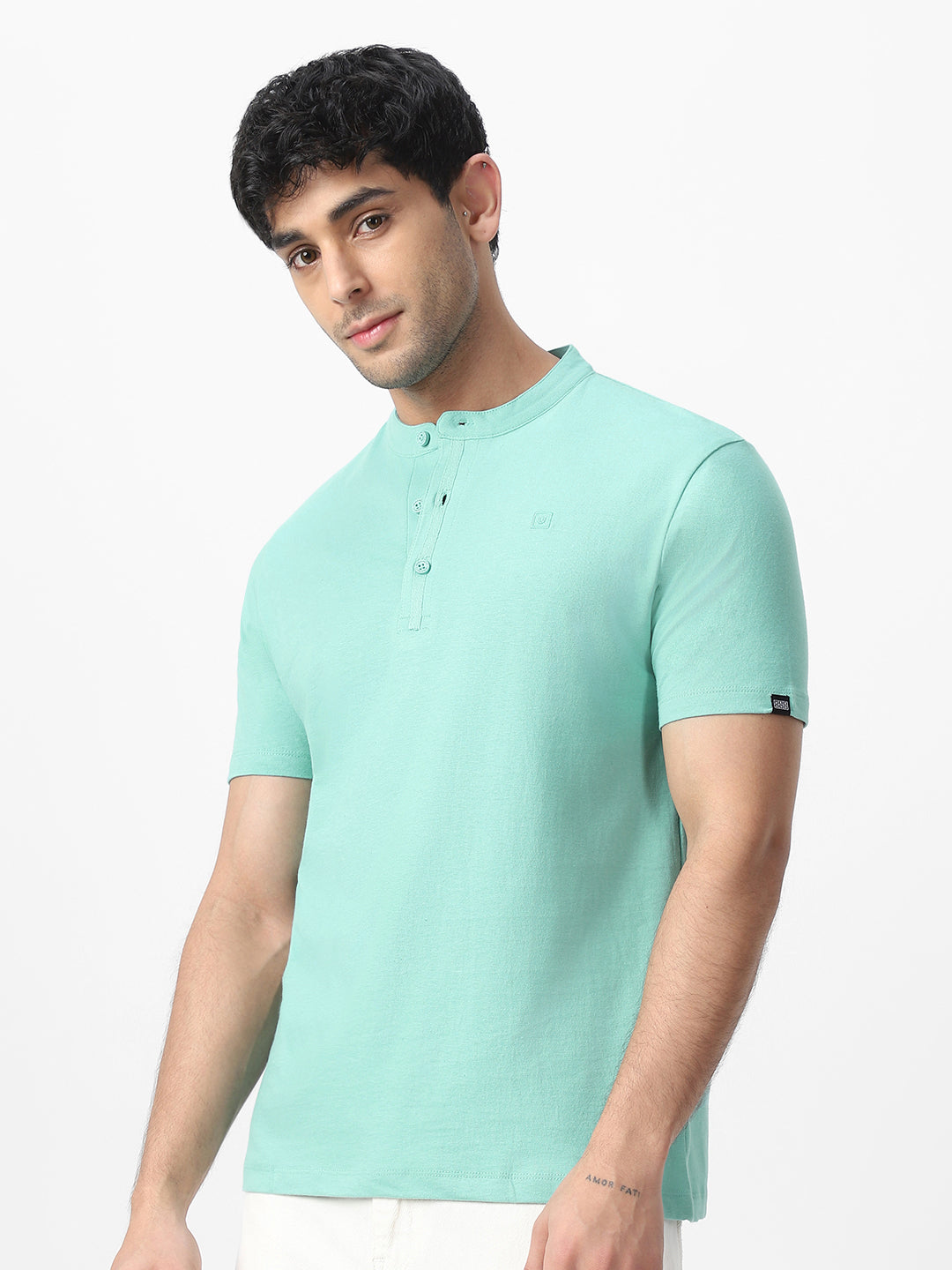 Men's Nile Blue Solid Mandarin Collar Slim Fit Half Sleeve Cotton T-Shirt