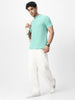 Men's Nile Blue Solid Mandarin Collar Slim Fit Half Sleeve Cotton T-Shirt