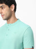 Men's Nile Blue Solid Mandarin Collar Slim Fit Half Sleeve Cotton T-Shirt