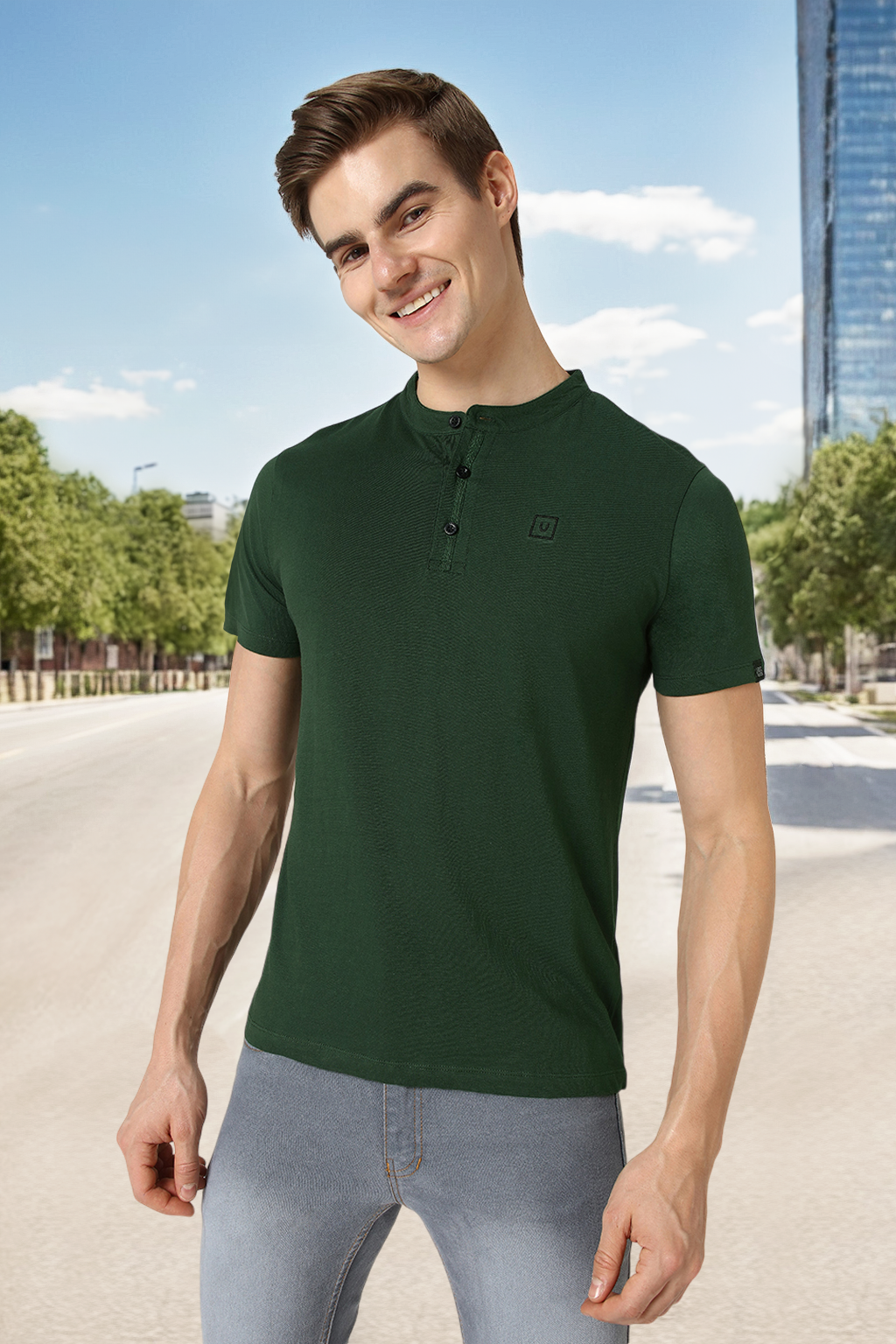 Men's Bottle Green Solid Mandarin Collar Slim Fit Half Sleeve Cotton T-Shirt