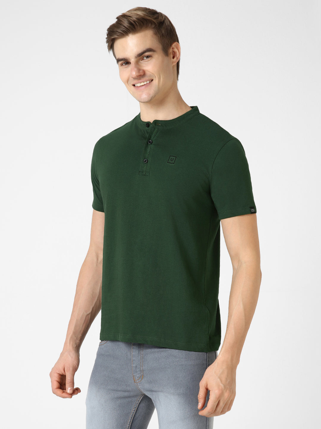 Men's Bottle Green Solid Mandarin Collar Slim Fit Half Sleeve Cotton T-Shirt