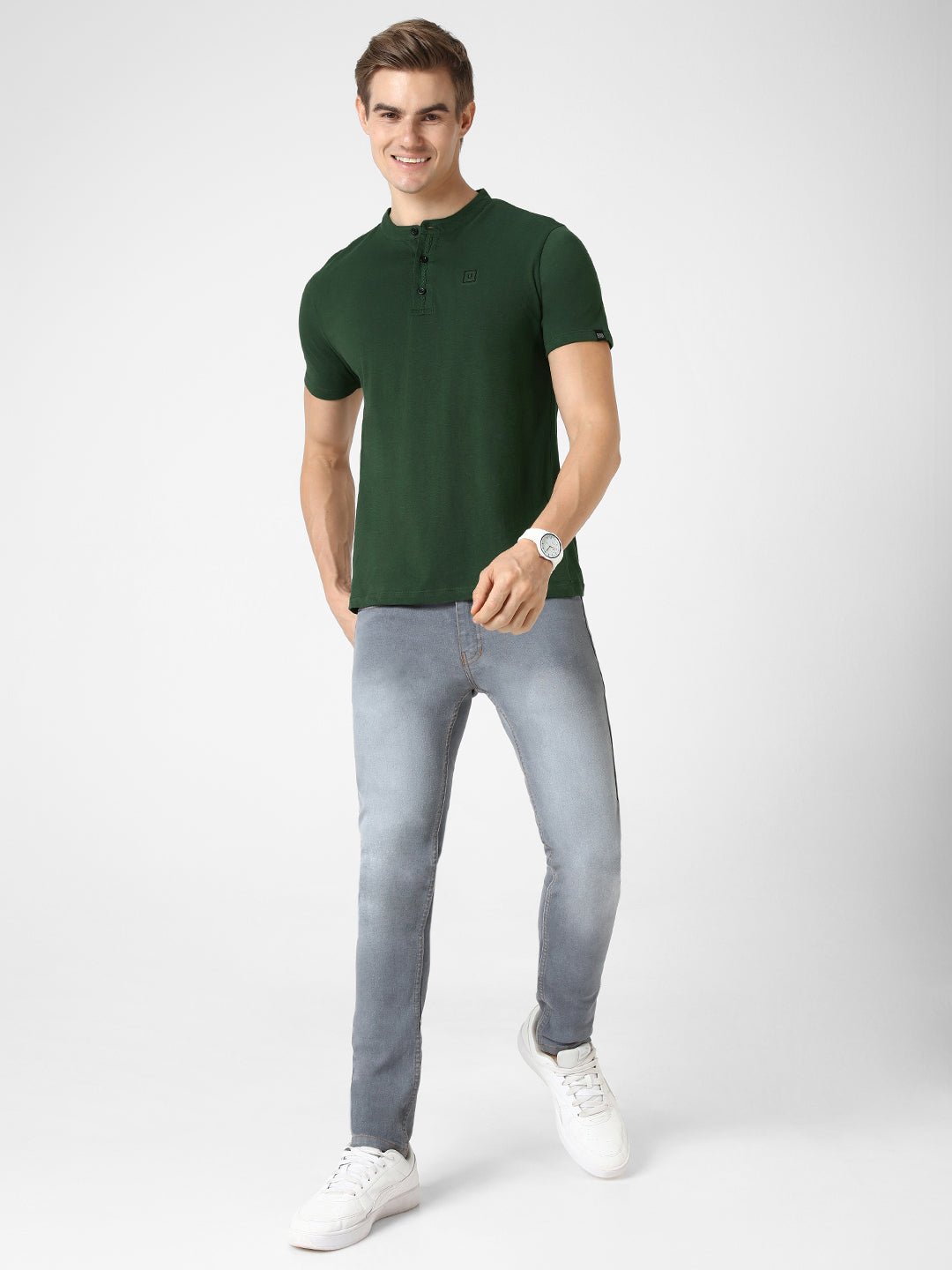 Men's Bottle Green Solid Mandarin Collar Slim Fit Half Sleeve Cotton T-Shirt