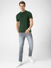 Men's Bottle Green Solid Mandarin Collar Slim Fit Half Sleeve Cotton T-Shirt