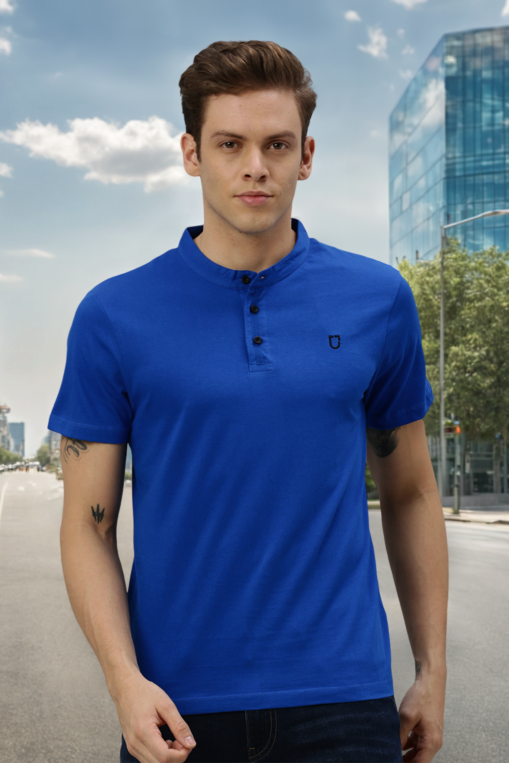 Men's Royal Blue Solid Mandarin Collar Slim Fit Cotton T-Shirt