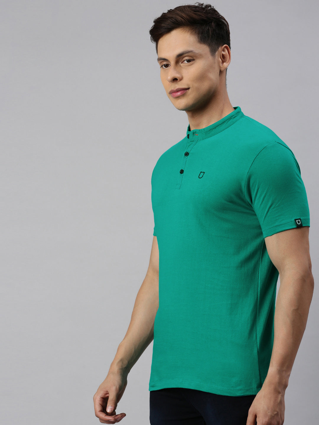 Men's Teal Green Solid Mandarin Collar Slim Fit Cotton T-Shirt