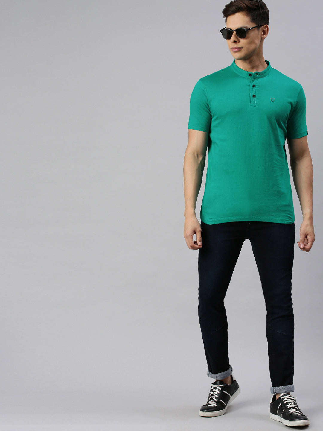 Men's Teal Green Solid Mandarin Collar Slim Fit Cotton T-Shirt