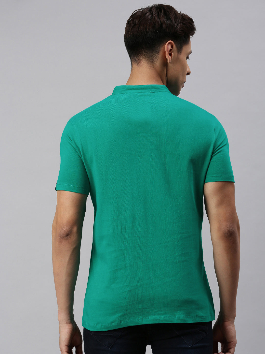 Men's Teal Green Solid Mandarin Collar Slim Fit Cotton T-Shirt