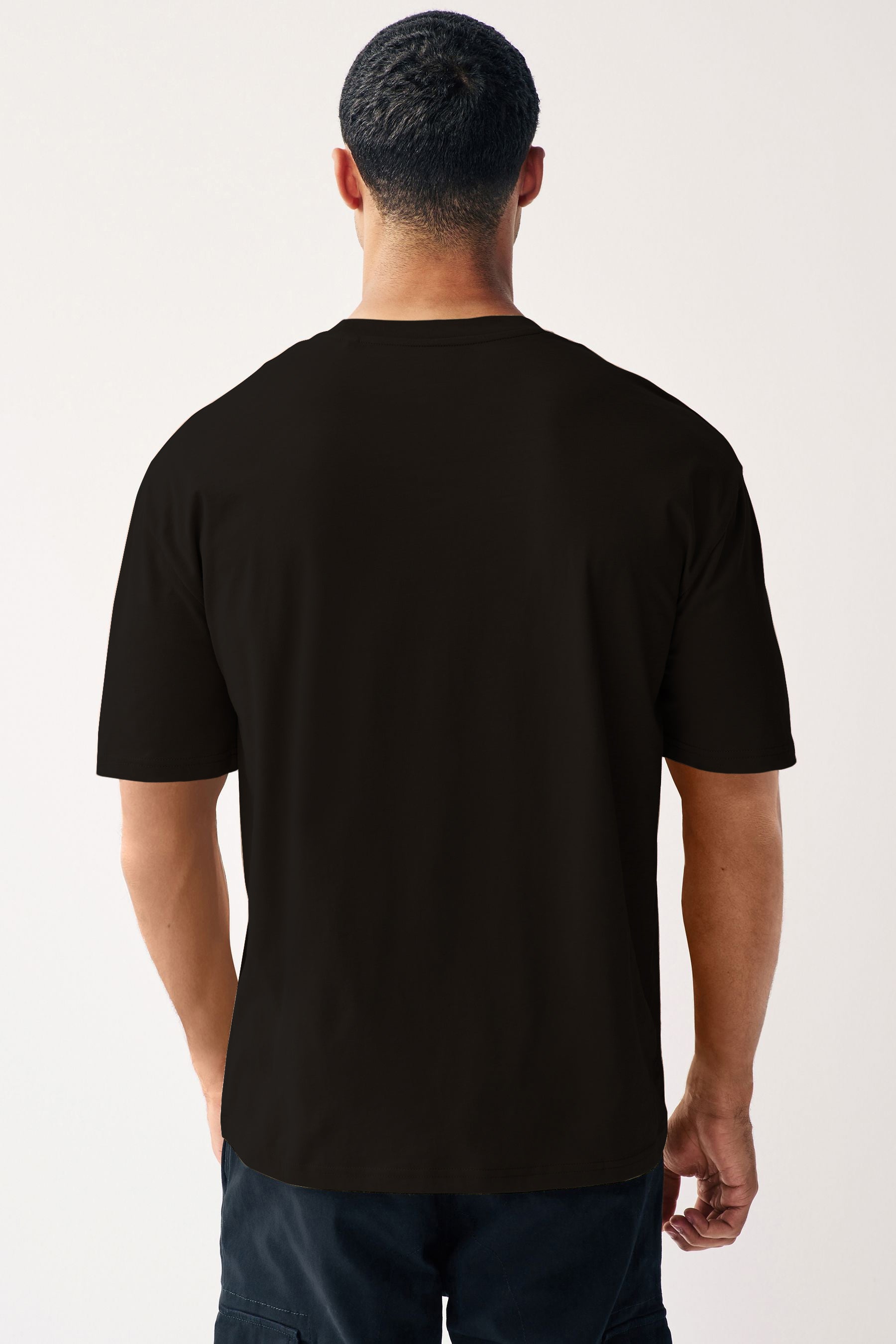 Men's Jet Black Solid Round Neck Oversized Half Sleeve Cotton T-Shirt