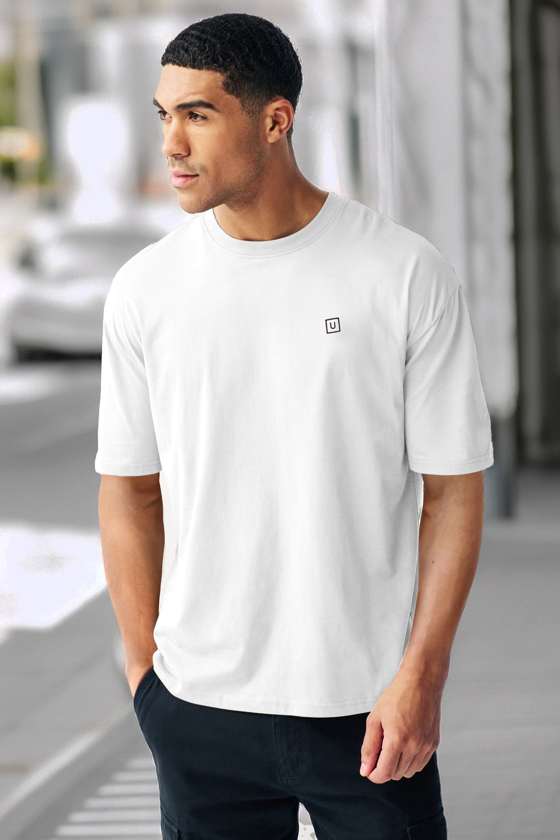 Men's White Solid Round Neck Oversized Half Sleeve Cotton T-Shirt