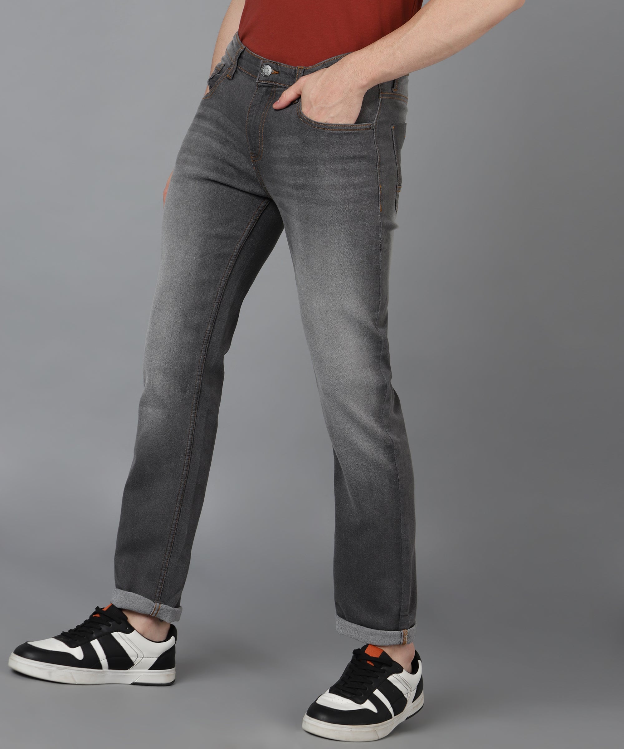 Men's Grey Regular Fit Washed Jeans Stretchable