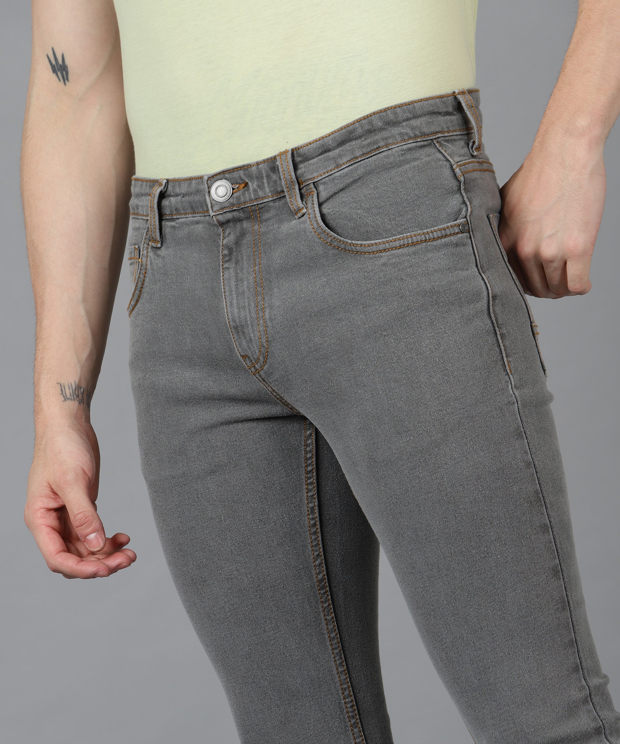 Men's Grey Slim Fit Washed Jeans Stretchable