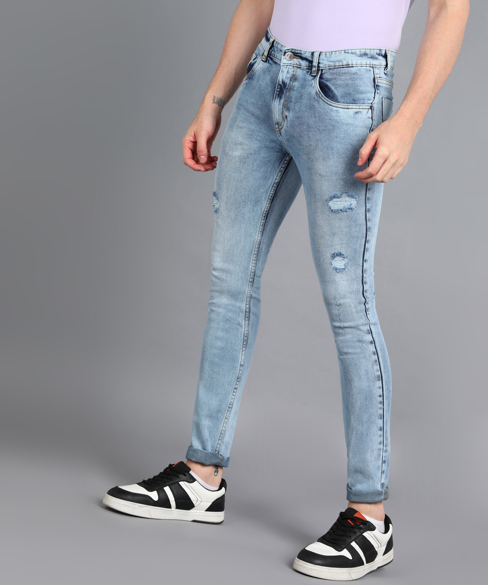 Men's Sky Blue Skinny Fit Washed Mild Distressed/Torn Jeans Stretchable