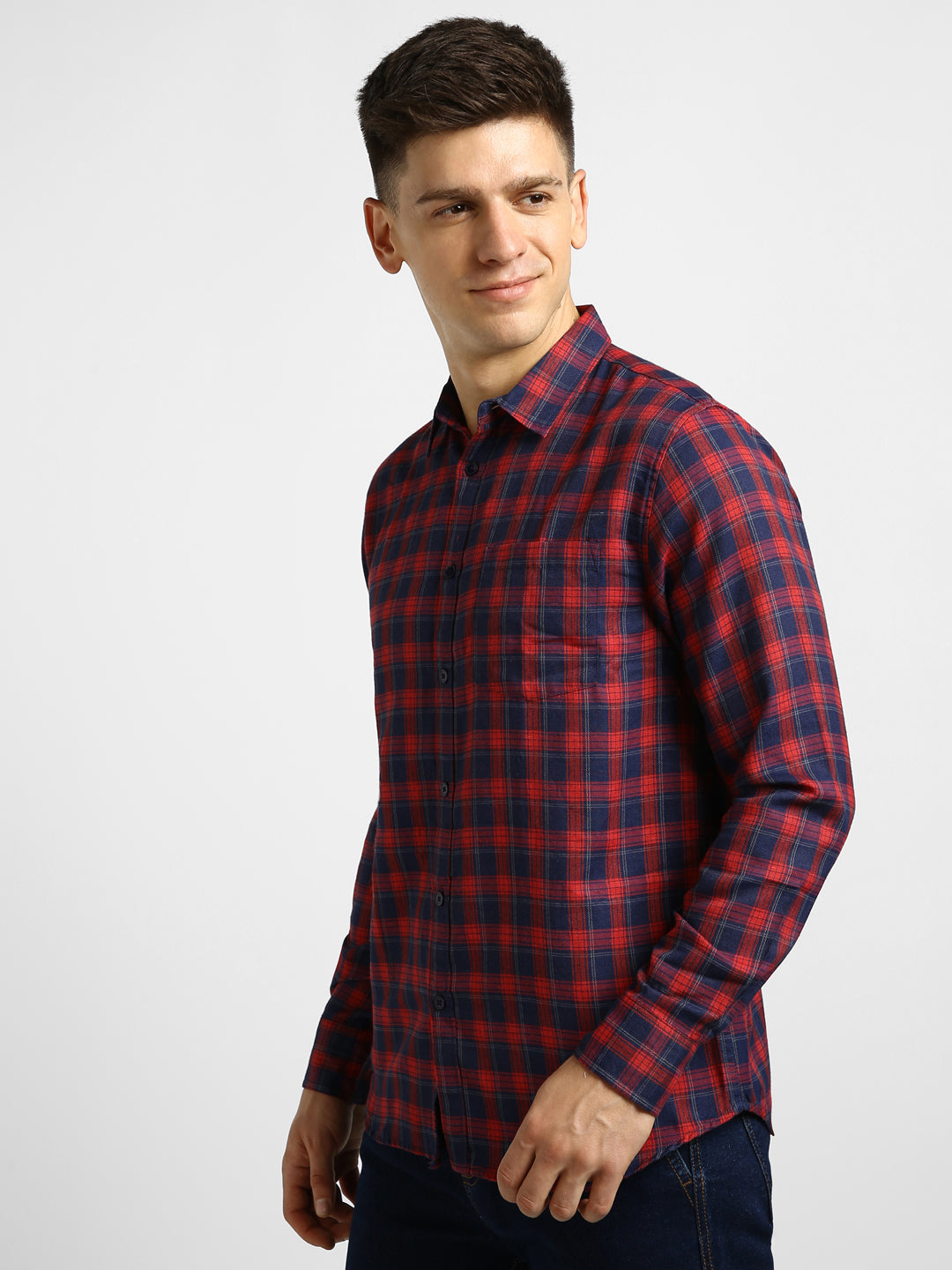 Men's Red Cotton Full Sleeve Slim Fit Casual Checkered Shirt