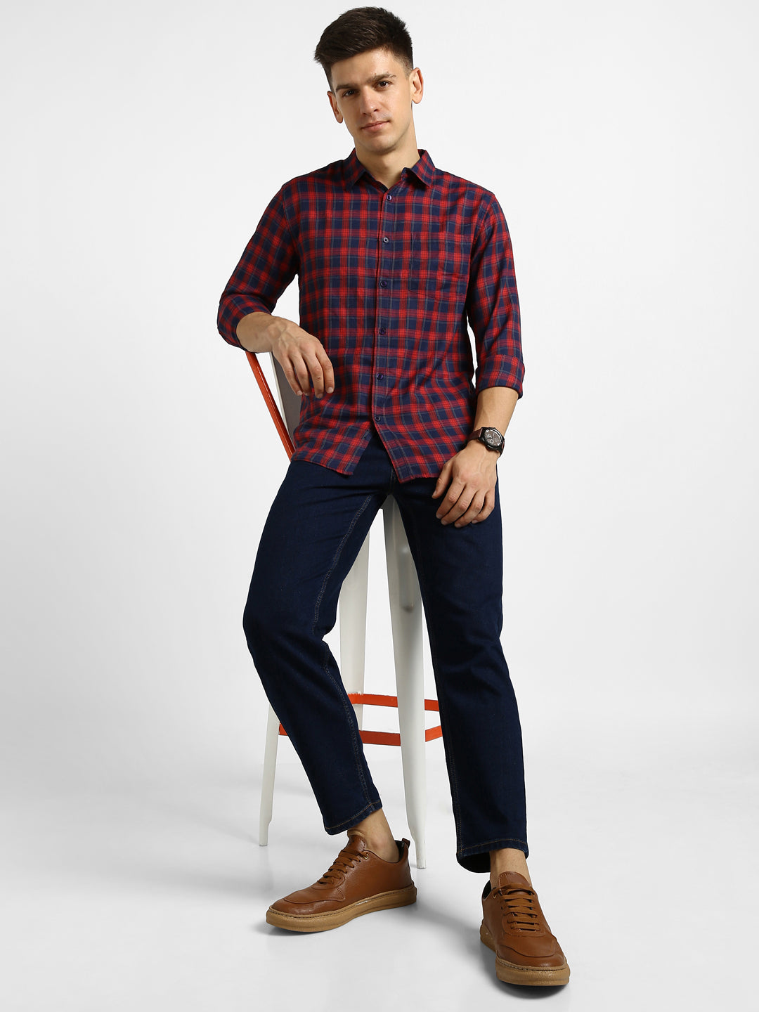 Men's Red Cotton Full Sleeve Slim Fit Casual Checkered Shirt