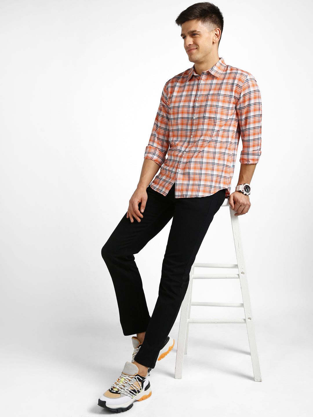 Men's Orange Cotton Full Sleeve Slim Fit Casual Checkered Shirt