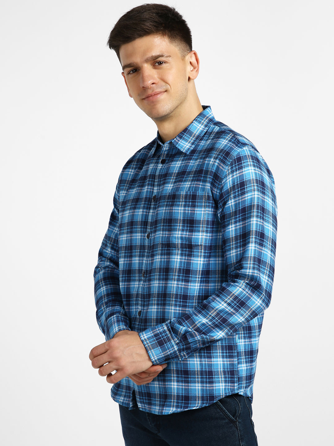 Men's Blue Cotton Full Sleeve Slim Fit Casual Checkered Shirt