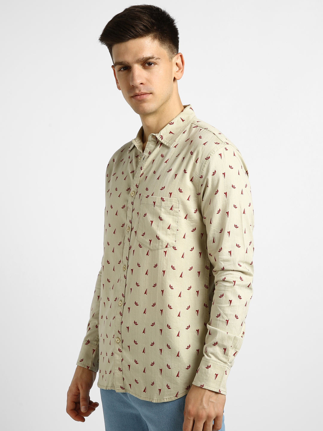 Men's Pink Cotton Full Sleeve Slim Fit Casual Printed Shirt