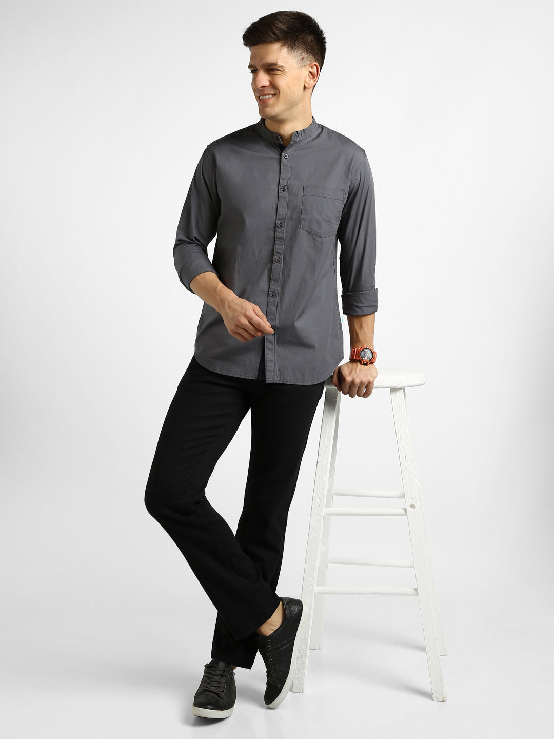 Men's Grey Cotton Full Sleeve Slim Fit Solid Shirt with Mandarin Collar