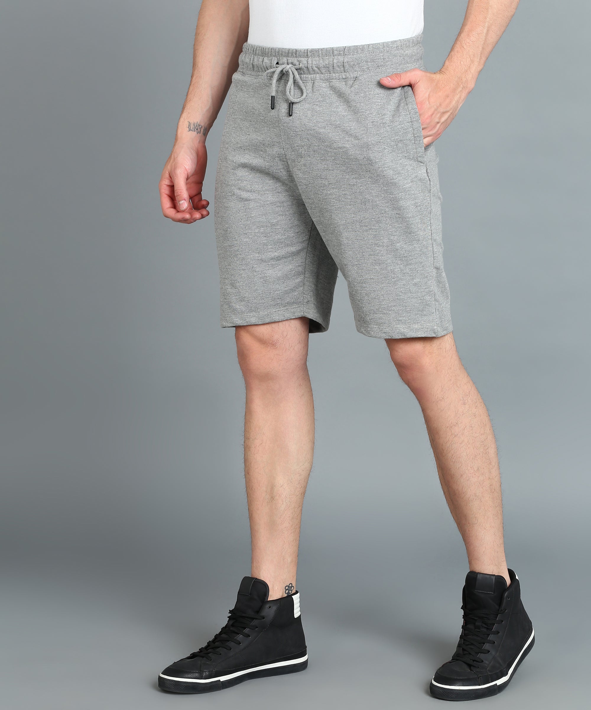 Men's Grey Melange Cotton Regular Shorts Stretchable