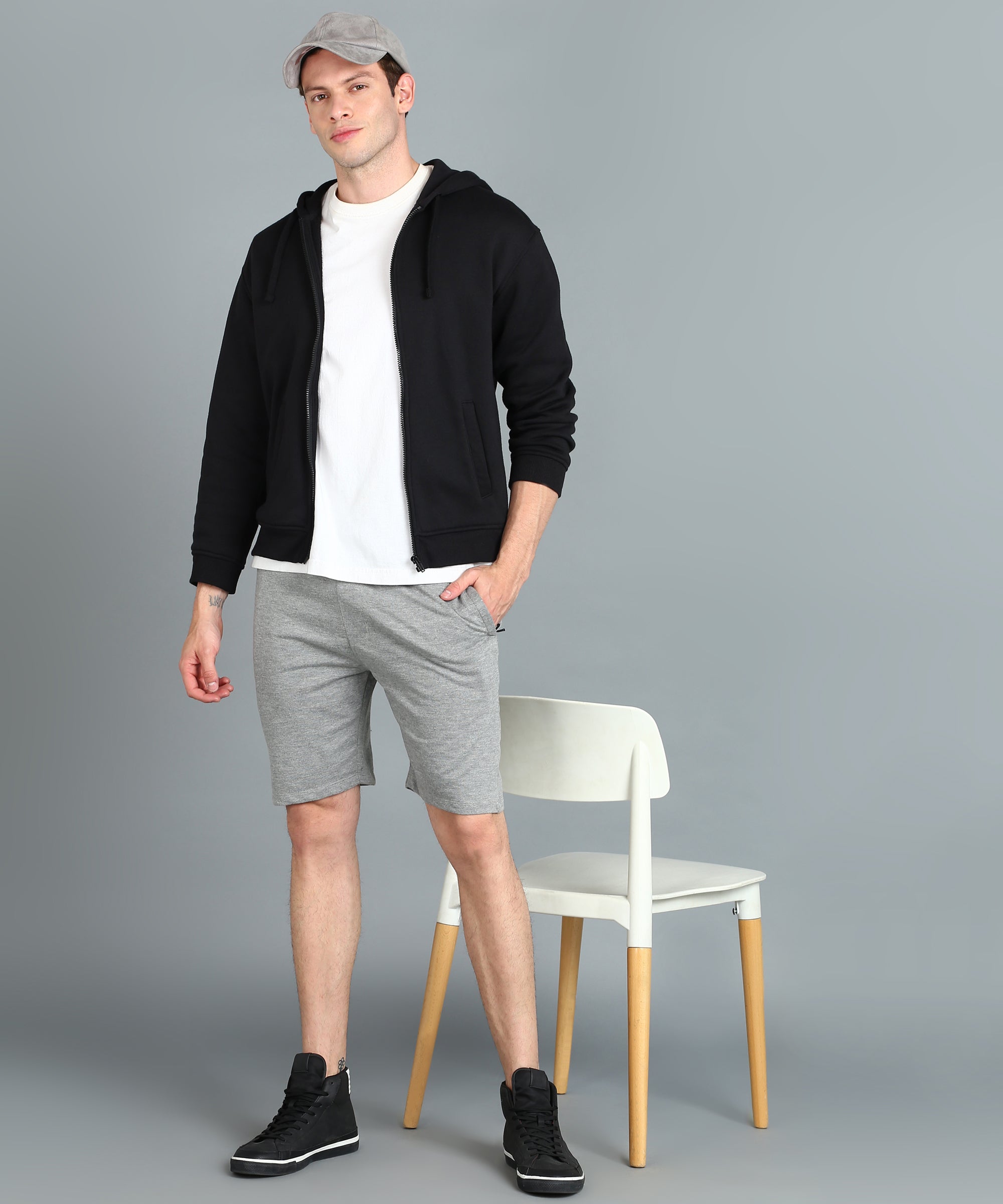 Men's Grey Melange Cotton Regular Shorts Stretchable