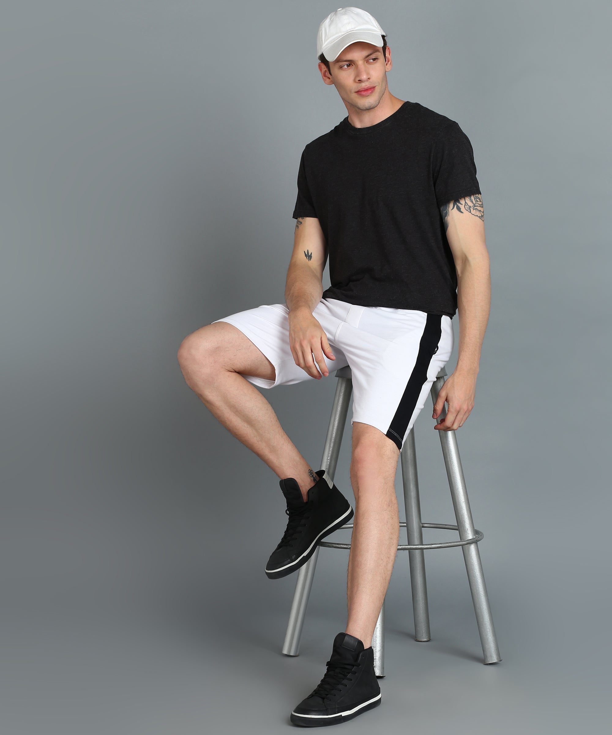 Men's White Cotton Color-Block Regular Shorts Stretchable