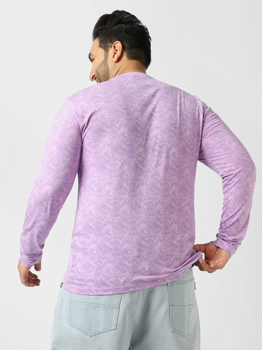 Plus Men's Lilac Printed Full Sleeve Regular Fit Cotton T-Shirt