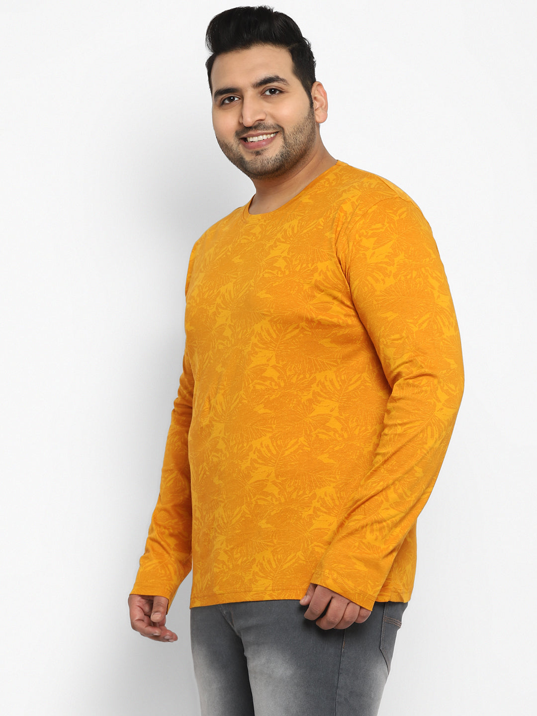 Plus Men's Mustard Printed Full Sleeve Regular Fit Cotton T-Shirt