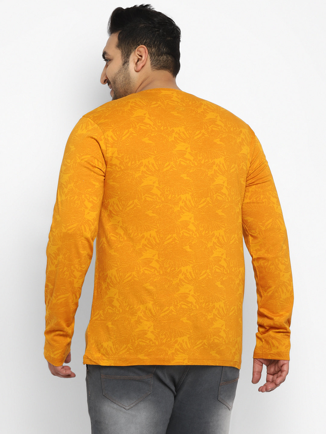 Plus Men's Mustard Printed Full Sleeve Regular Fit Cotton T-Shirt