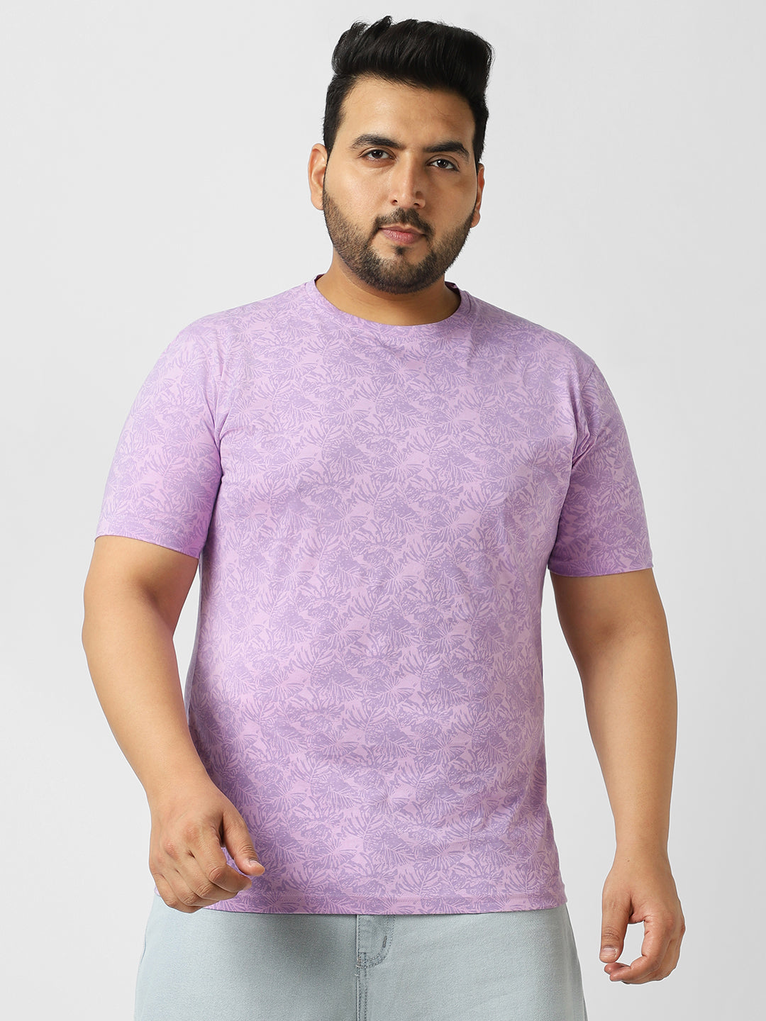 Plus Men's Lilac Printed Half Sleeve Regular Fit Cotton T-Shirt