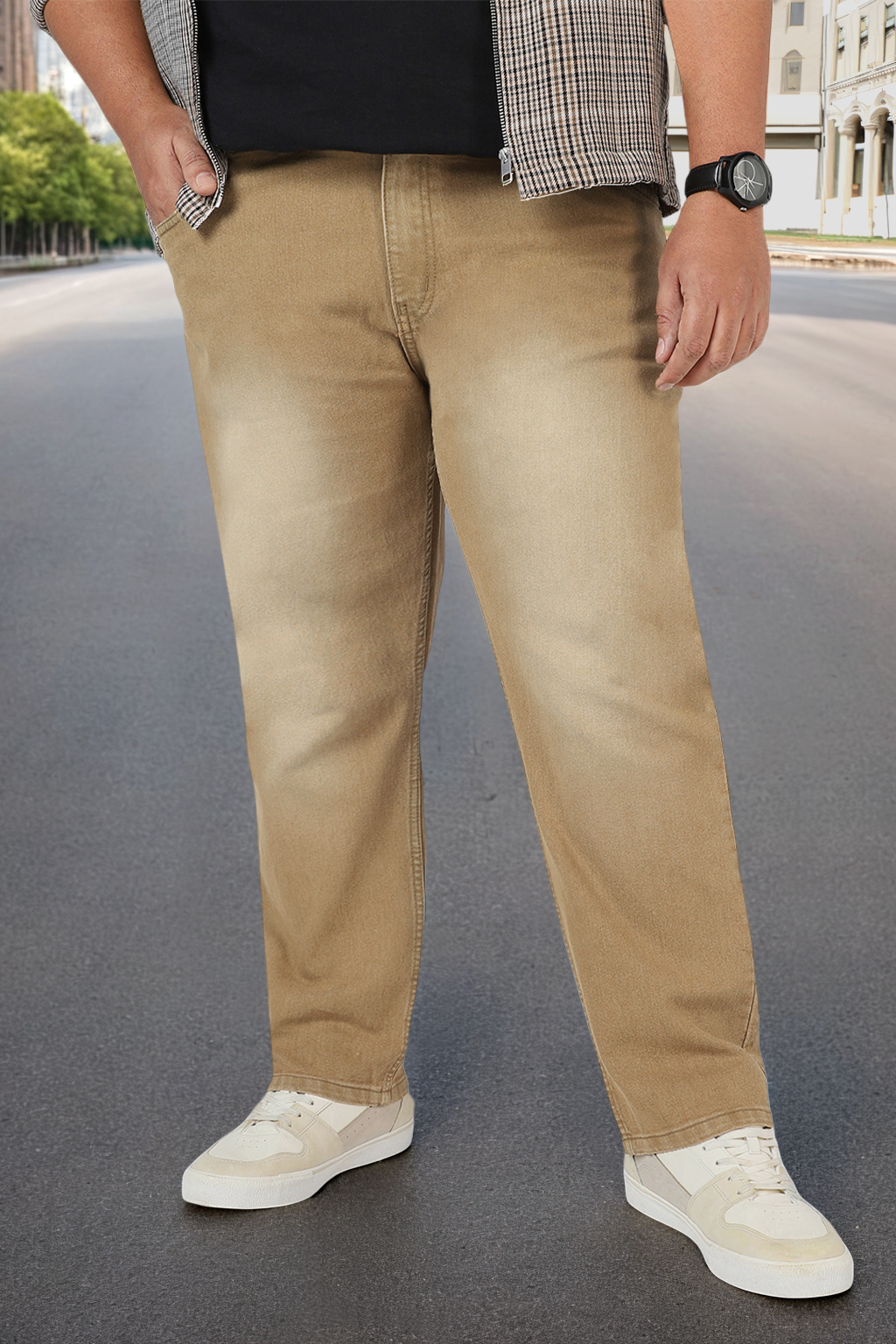 Plus Men's Khaki Regular Fit Washed Jeans Stretchable