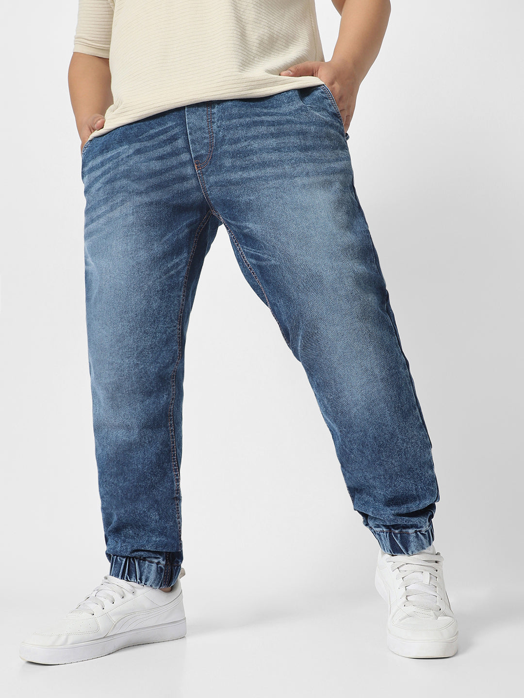 Plus Men's Blue Washed Jogger Jeans Regular Fit Stretch