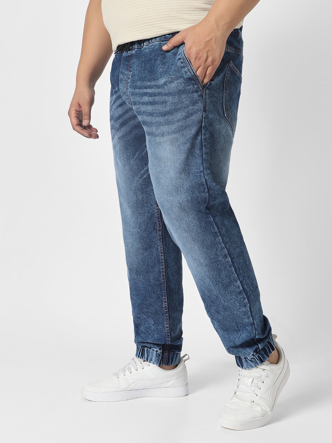 Plus Men's Blue Washed Jogger Jeans Regular Fit Stretch