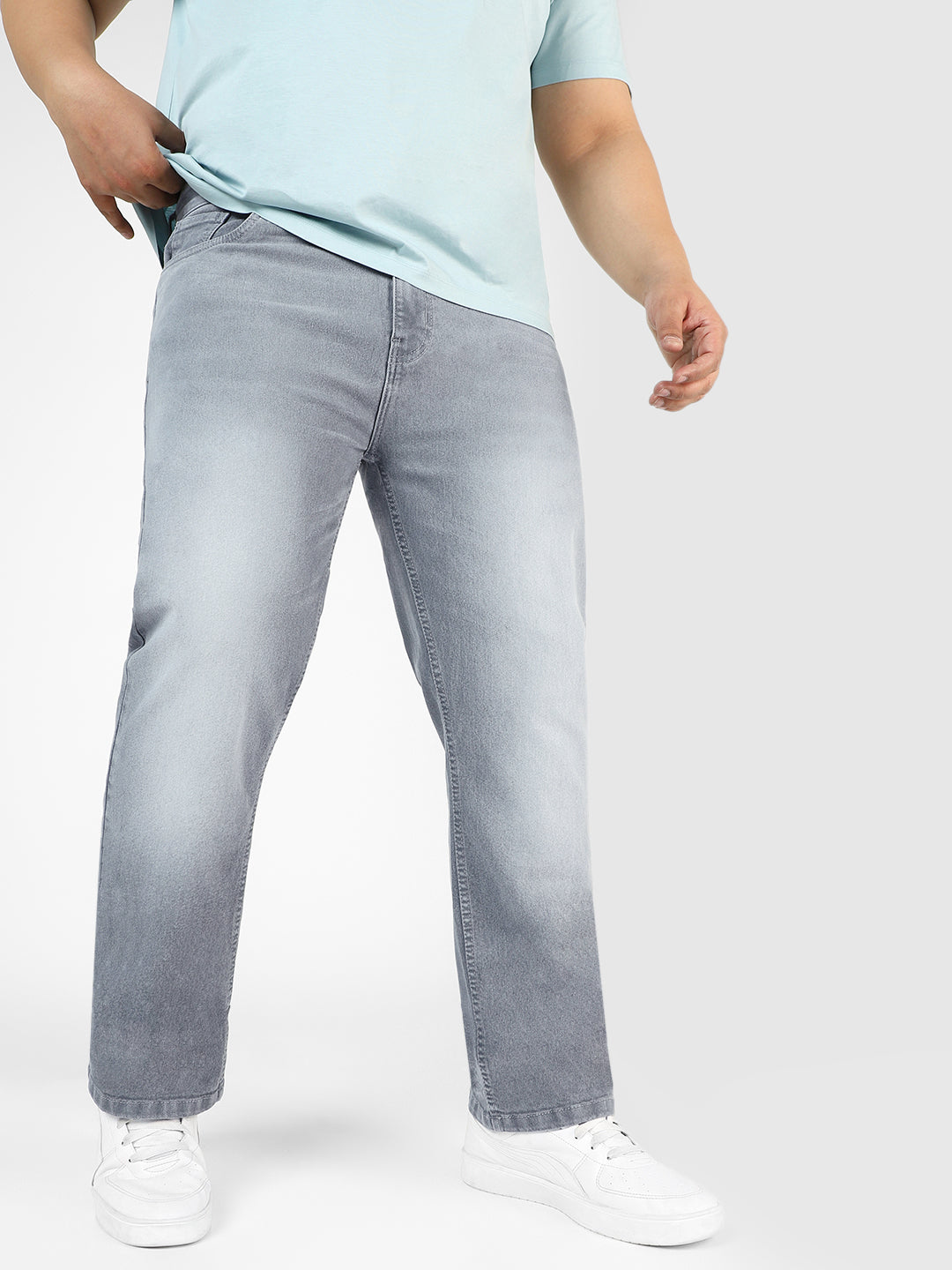 Plus Men's Light Grey Regular Fit Washed Jeans Stretchable