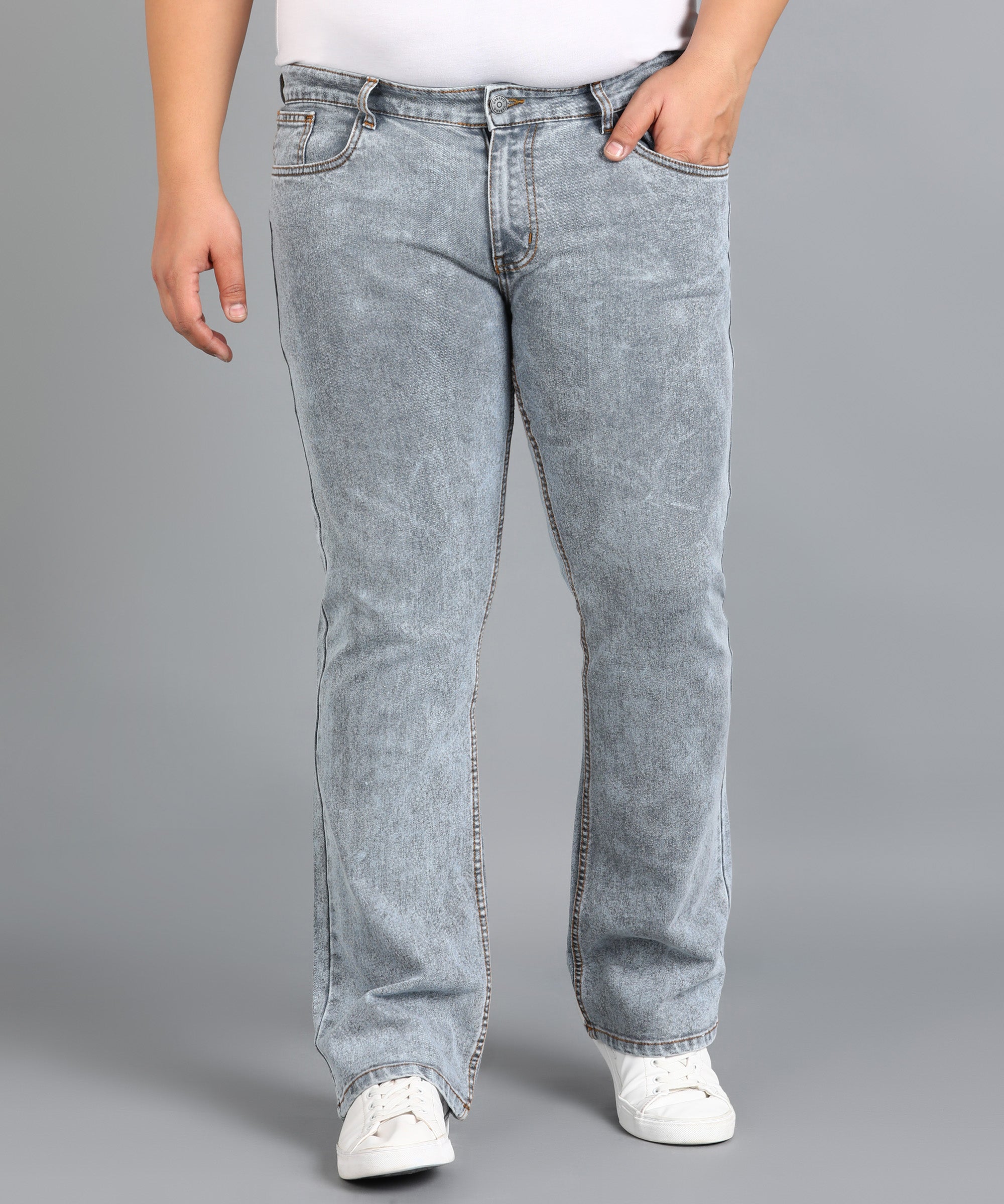 Plus Men's Light Grey Washed Bootcut Jeans Stretchable