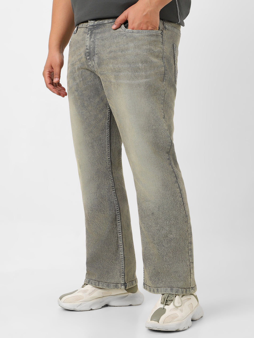 Plus Men's Light Grey Washed Bootcut Jeans Stretchable