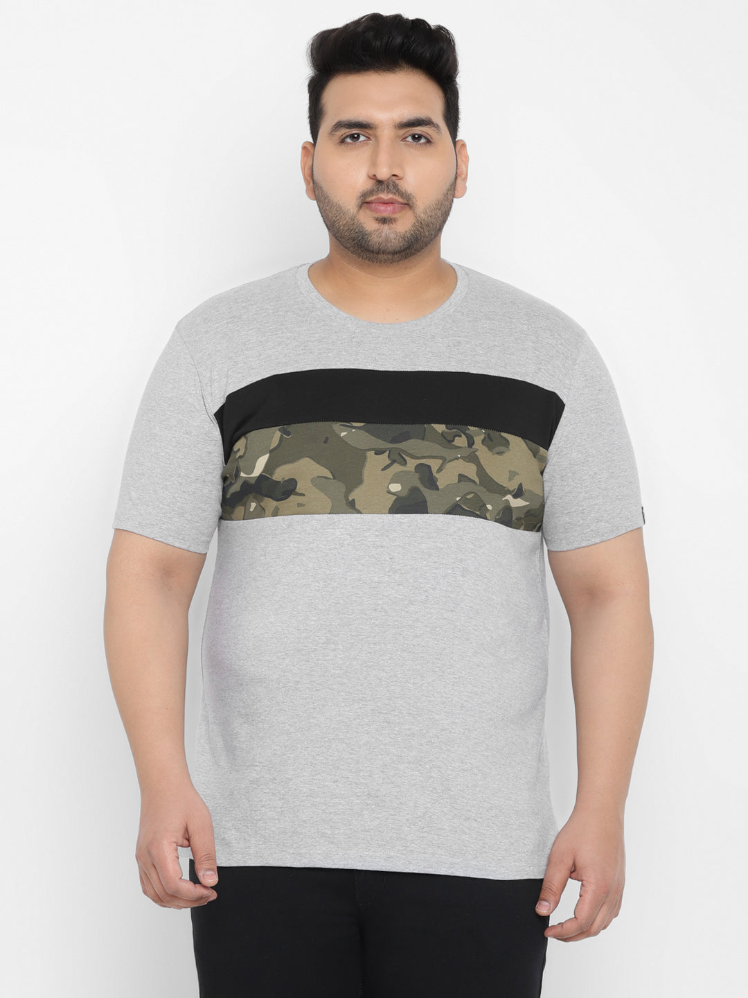 Plus Men's Grey, Black Color-Block Military Camouflage Printed Half Sleeve Regular Fit Cotton T-Shirt