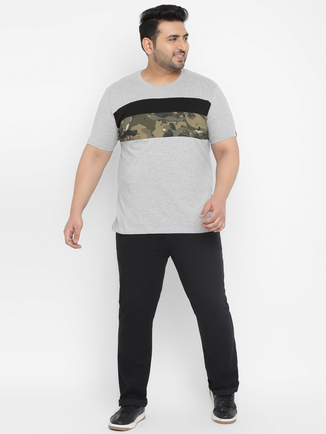 Plus Men's Grey, Black Color-Block Military Camouflage Printed Half Sleeve Regular Fit Cotton T-Shirt