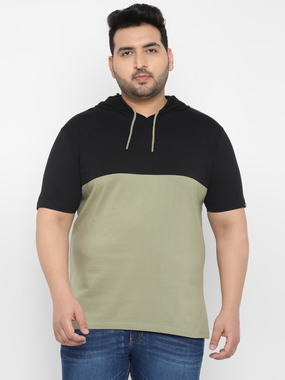 Plus Men's Black, Olive Color-Block Hooded Neck Regular Fit Half Sleeve Cotton T-Shirt