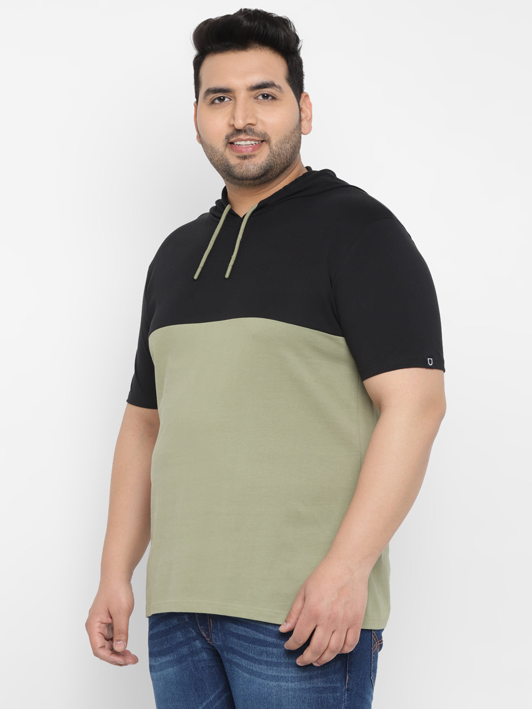 Plus Men's Black, Olive Color-Block Hooded Neck Regular Fit Half Sleeve Cotton T-Shirt