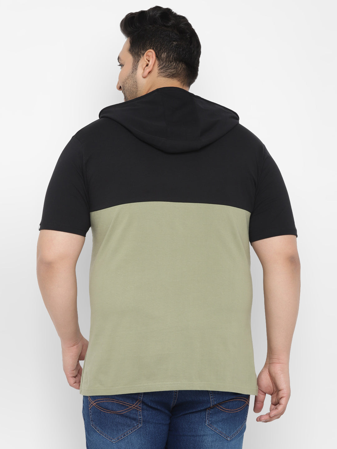 Plus Men's Black, Olive Color-Block Hooded Neck Regular Fit Half Sleeve Cotton T-Shirt