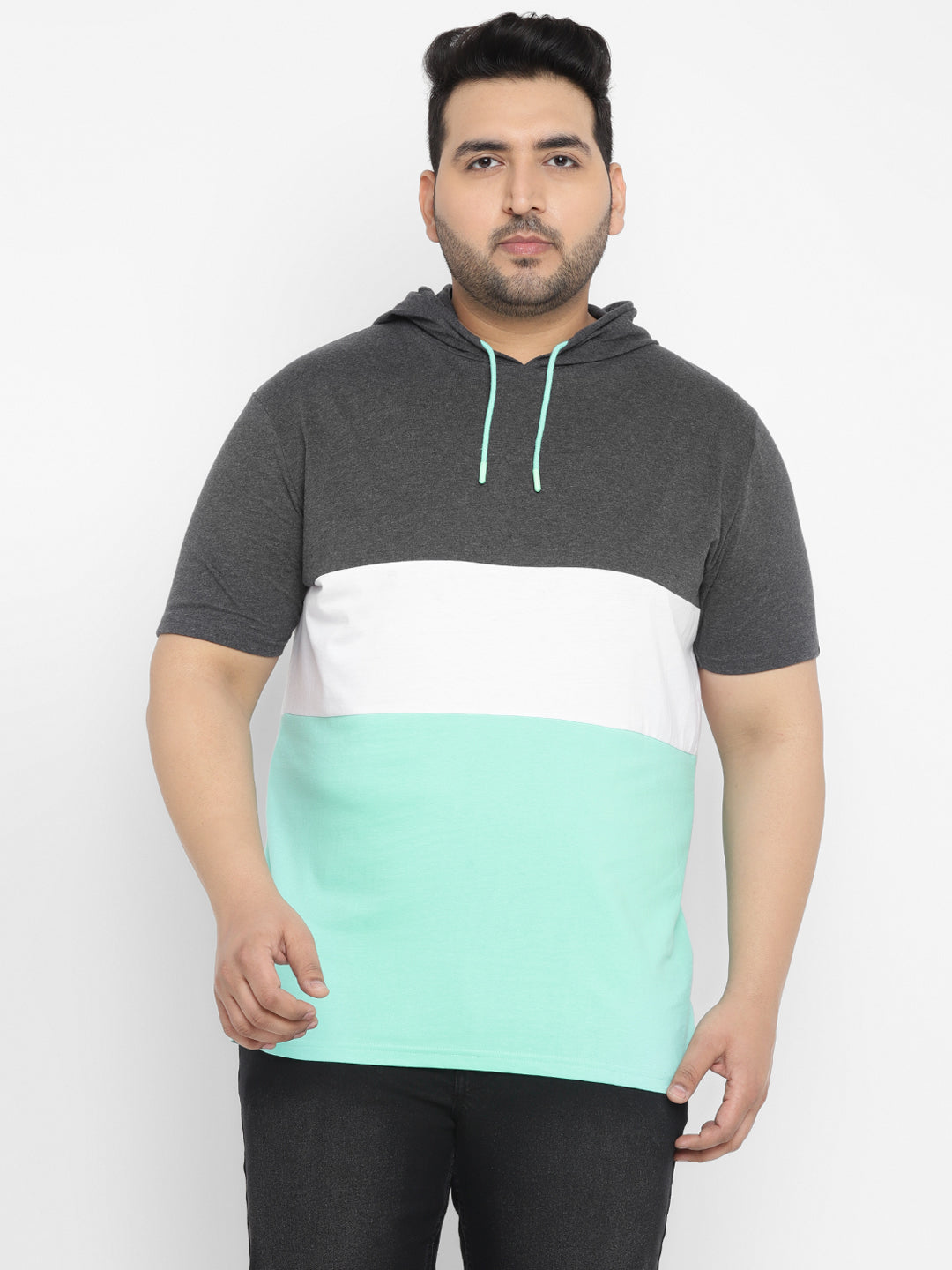 Plus Men's Grey, White, Green Color-Block Hooded Neck Regular Fit Half Sleeve Cotton T-Shirt