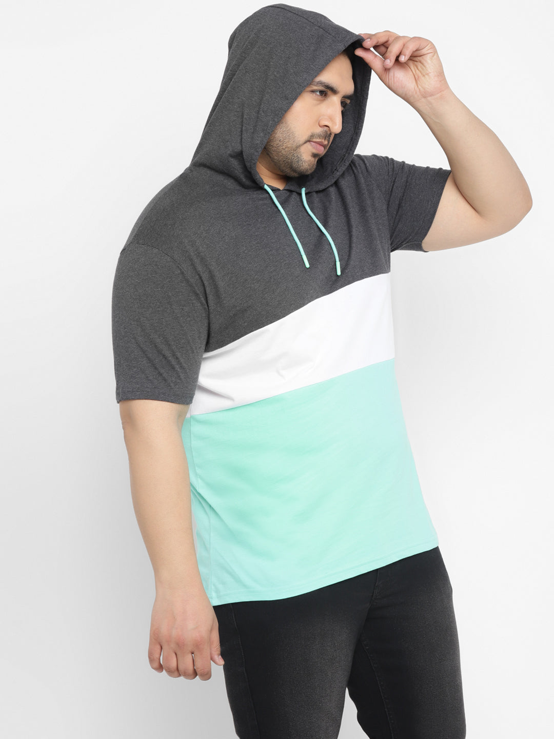 Plus Men's Grey, White, Green Color-Block Hooded Neck Regular Fit Half Sleeve Cotton T-Shirt