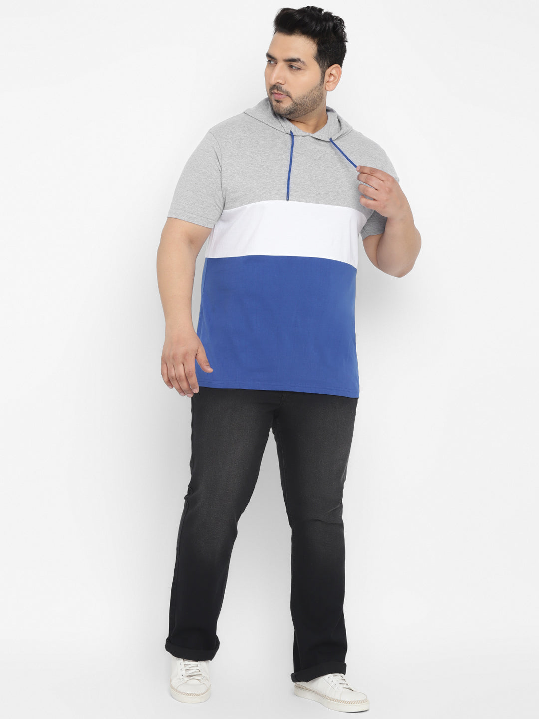 Plus Men's Grey, White, Royal Blue Color-Block Hooded Neck Regular Fit Half Sleeve Cotton T-Shirt