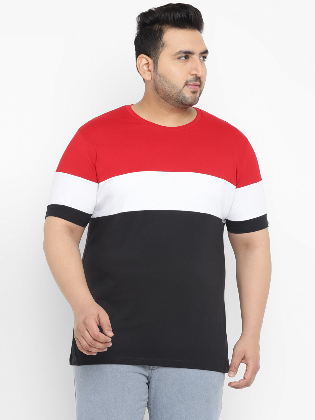 Plus Men's Black, White, Red Color-Block Regular Fit Half Sleeve Cotton T-Shirt