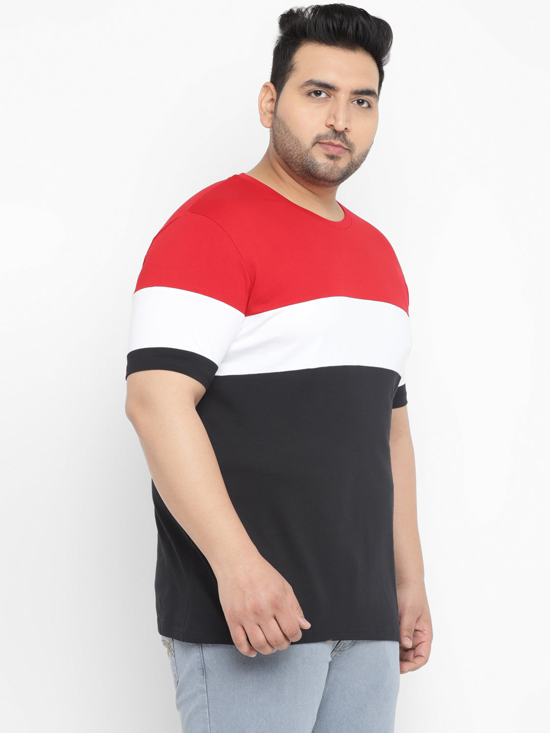 Plus Men's Black, White, Red Color-Block Regular Fit Half Sleeve Cotton T-Shirt