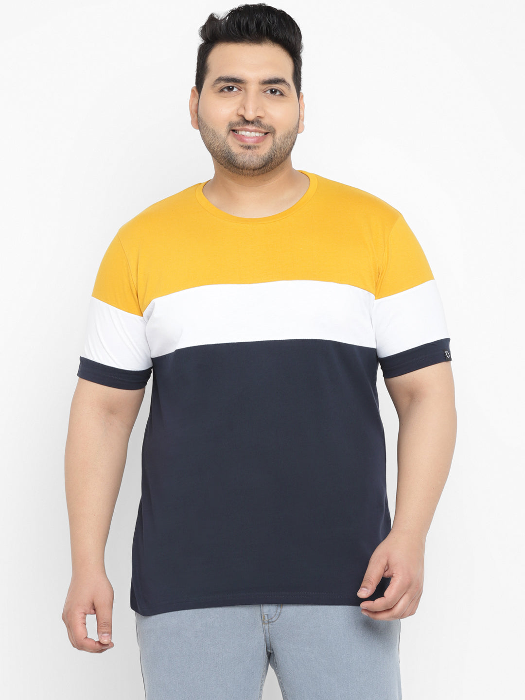 Plus Men's Navy Blue, White, Gold Color-Block Regular Fit Half Sleeve Cotton T-Shirt