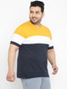 Plus Men's Navy Blue, White, Gold Color-Block Regular Fit Half Sleeve Cotton T-Shirt