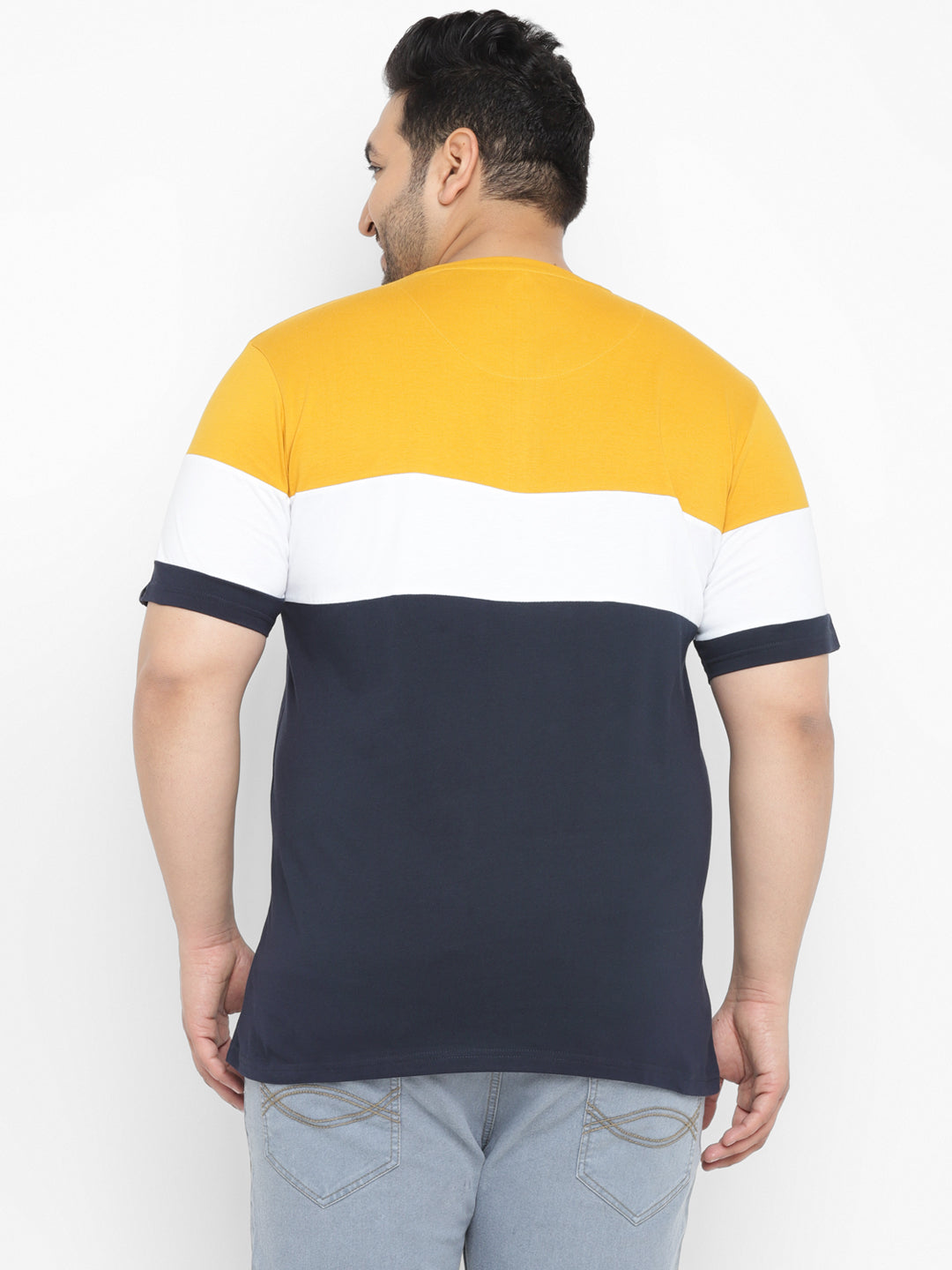 Plus Men's Navy Blue, White, Gold Color-Block Regular Fit Half Sleeve Cotton T-Shirt