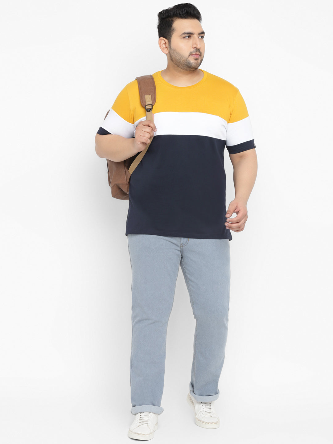 Plus Men's Navy Blue, White, Gold Color-Block Regular Fit Half Sleeve Cotton T-Shirt